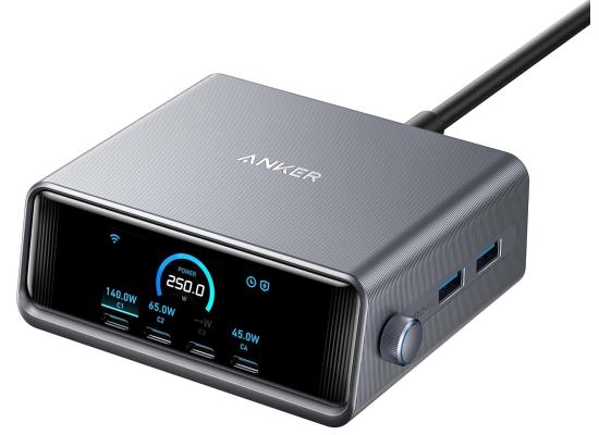 Anker Prime Charger, 250W GaN Prime USB C Charging Station, Ultra-Fast 6-Port, 2.26" LCD Display and Smart Control Dial, Compatible with MacBook Pro/Air, iPhone 16/15/14, Galaxy, and More - Silver